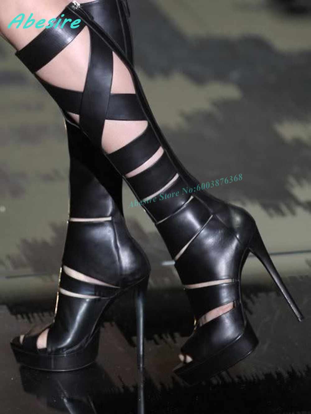 Cross Tied Hollow Out Leather  - Women'S Fashion Knee High Boots ulasan dan harga